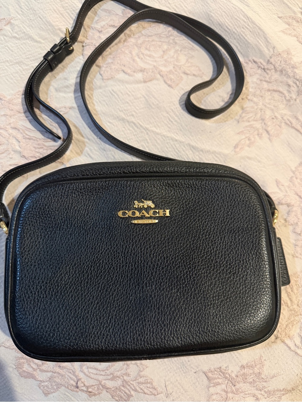Coach Black Pebbled Leather Camera Crossbody with Gold Logo